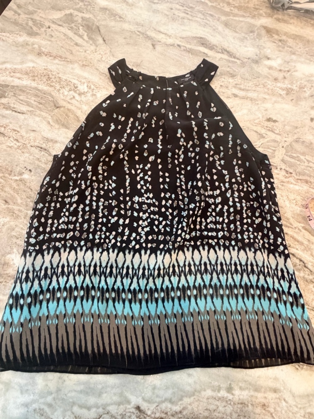 Ann Taylor Size 16 Sleeveless Halter Blouse Black Blue Print Work Top